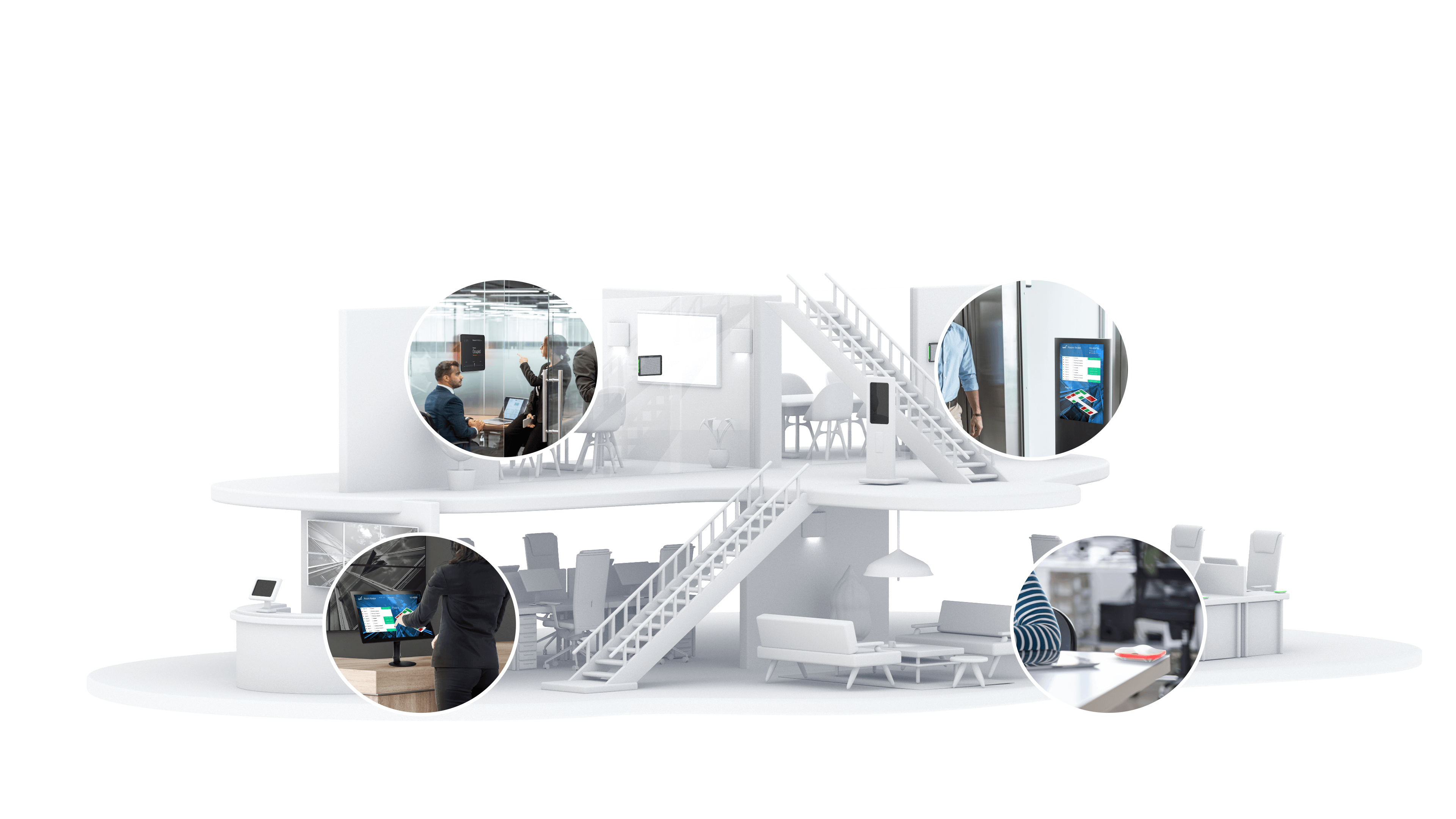 Image showing LV-Tron devices installed in various locations in a workplace building, connected and easily managed through LV-Tron MDM software.