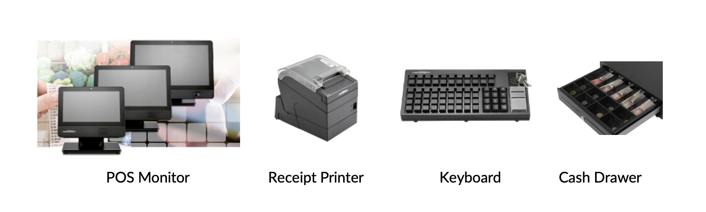 A display showing various external peripherals, including a POS monitor, receipt printer, keyboard, and cash drawer, for use with LV-Tron scalable PCs