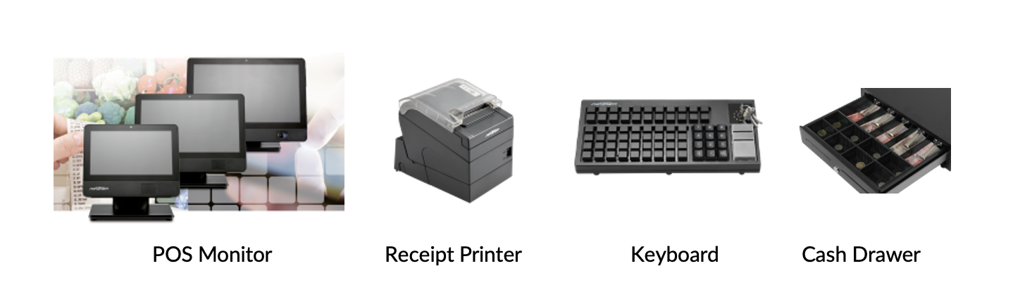 2 A display showing various external peripherals, including a POS monitor, receipt printer, keyboard, and cash drawer, for use with LV-Tron scalable PCs